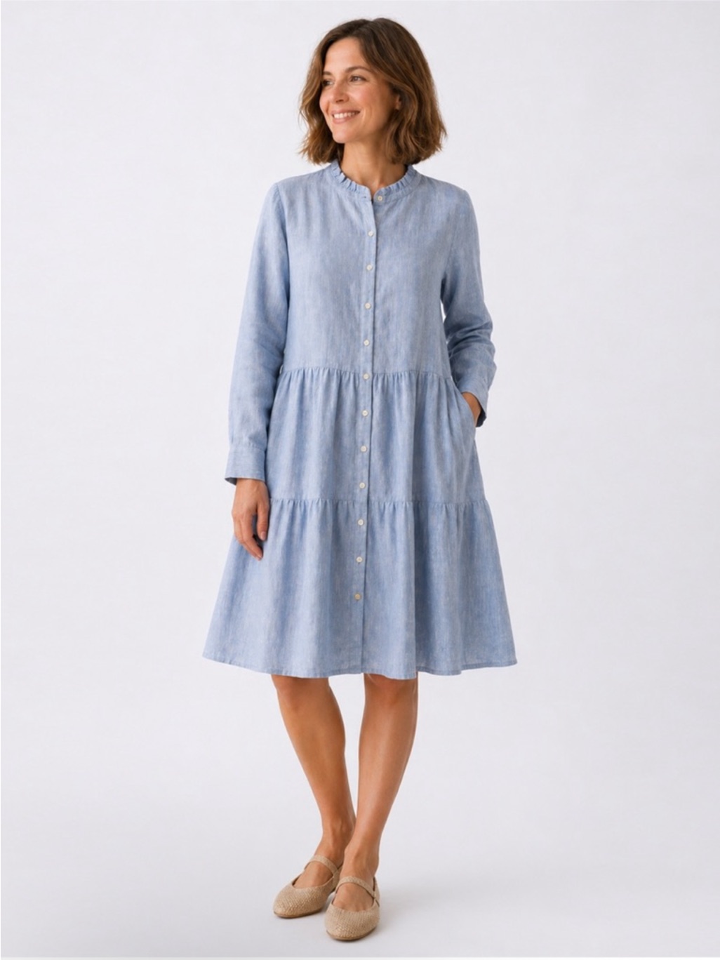 Alice Walk Linen Tiered Shirt Dress Soft Blue New Size Large